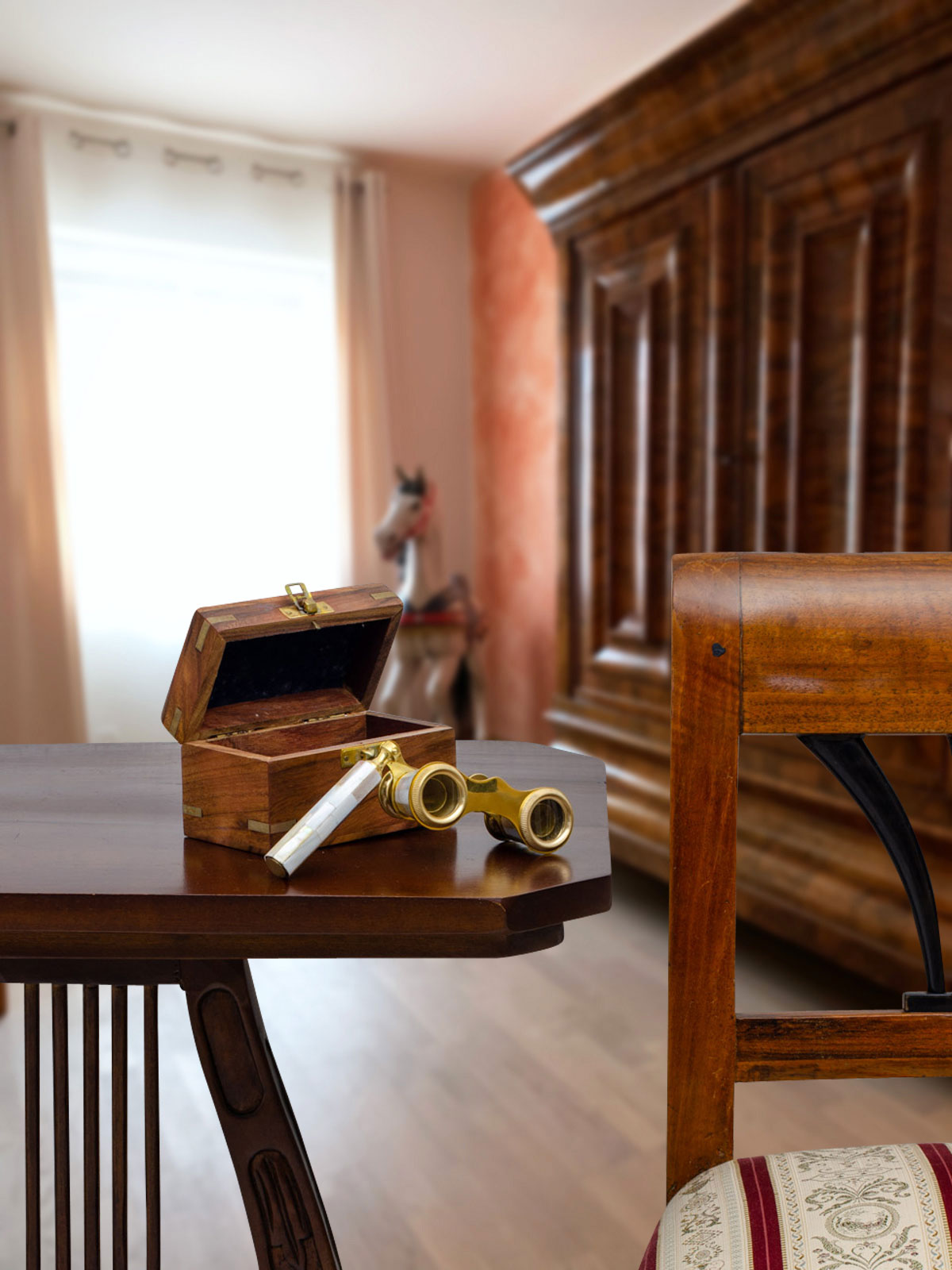 Opernglas mit Holzbox Fernglas Theaterglas Messing Kunststein Antik-Stil (a)