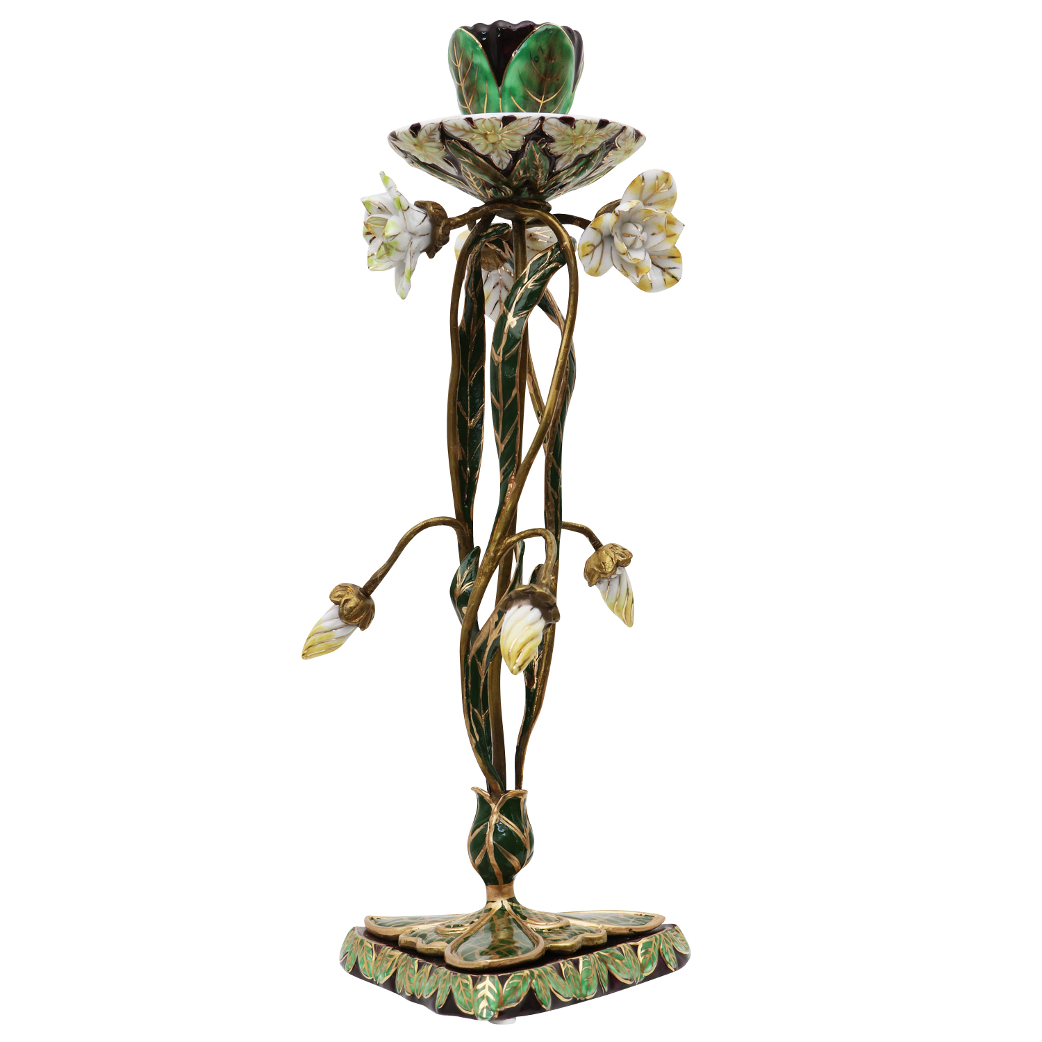 Kerzenständer Porzellan Messing Blume Rose Skulptur Antik-Stil 29cm