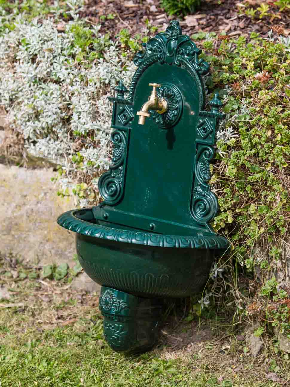 Waschbecken Wandbrunnen Wein Garten Alu grün antik Stil Brunnen Waschplatz Bad