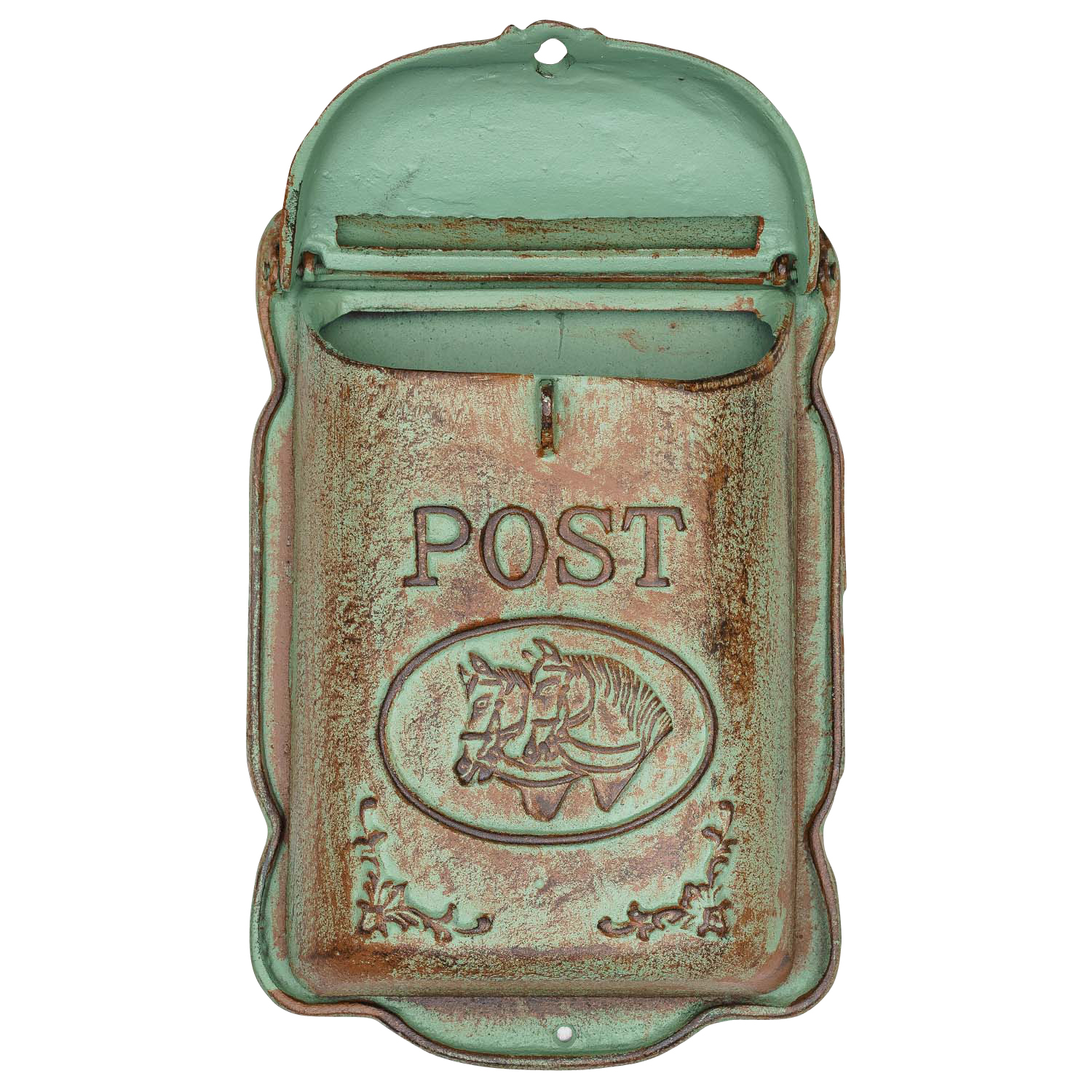 Briefkasten Wandbriefkasten Eisen Antik-Stil Landhausstil Pferd Shabby grün