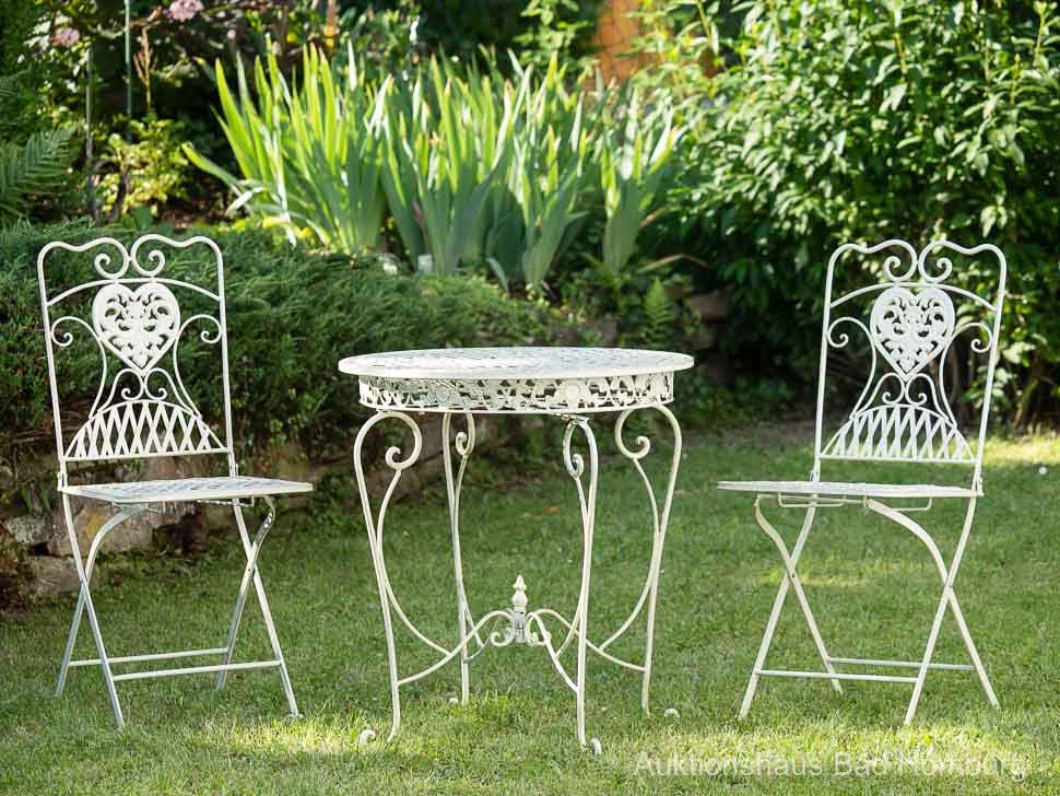 GARTENTISCH UND 2 STÜHLE SET SCHMIEDEEISEN ANTIK STIL GARTENMÖBEL  WEISS