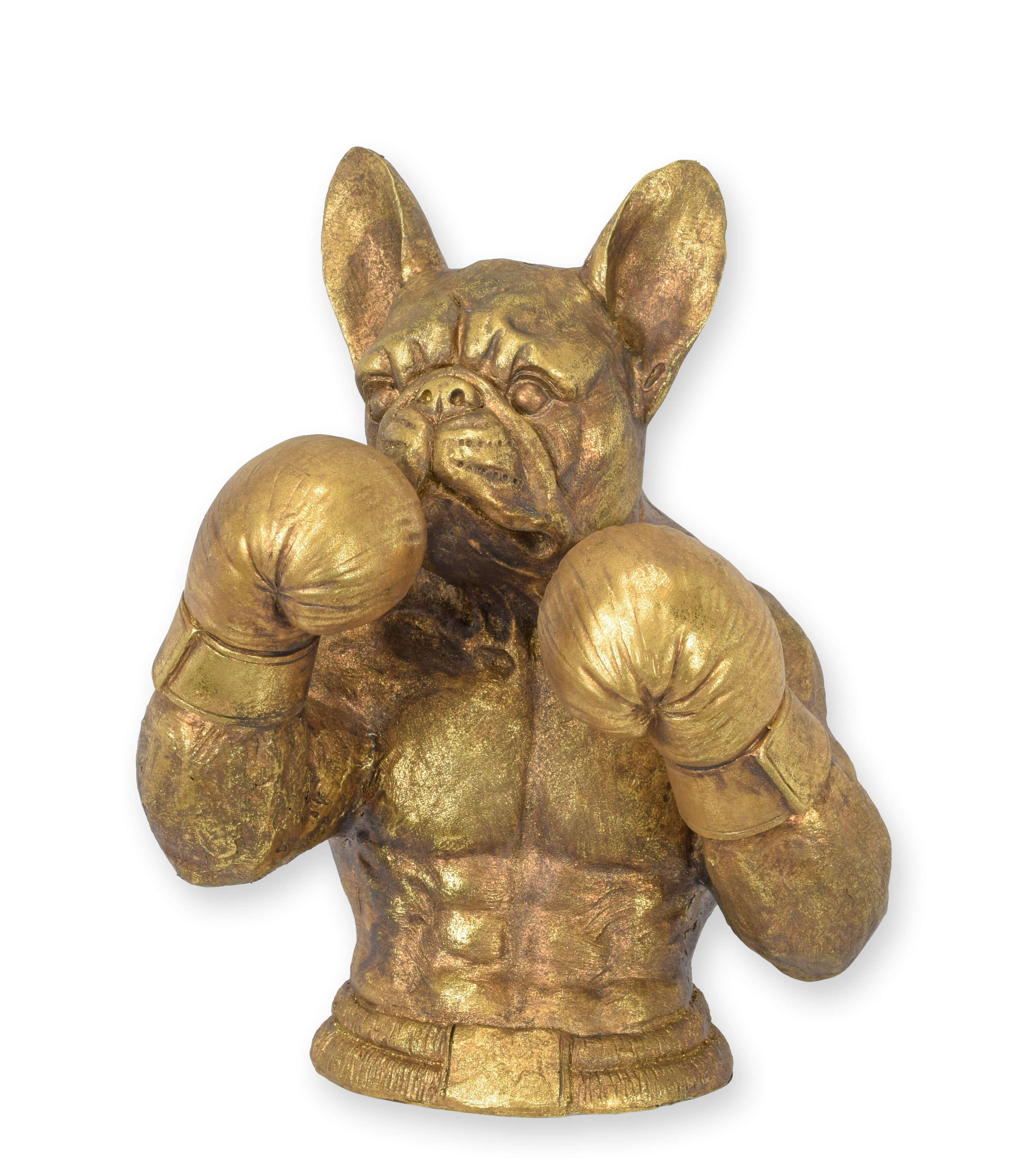 Boxer, Hundefigur, Skulptur, Goldfarbe, Kampfpose