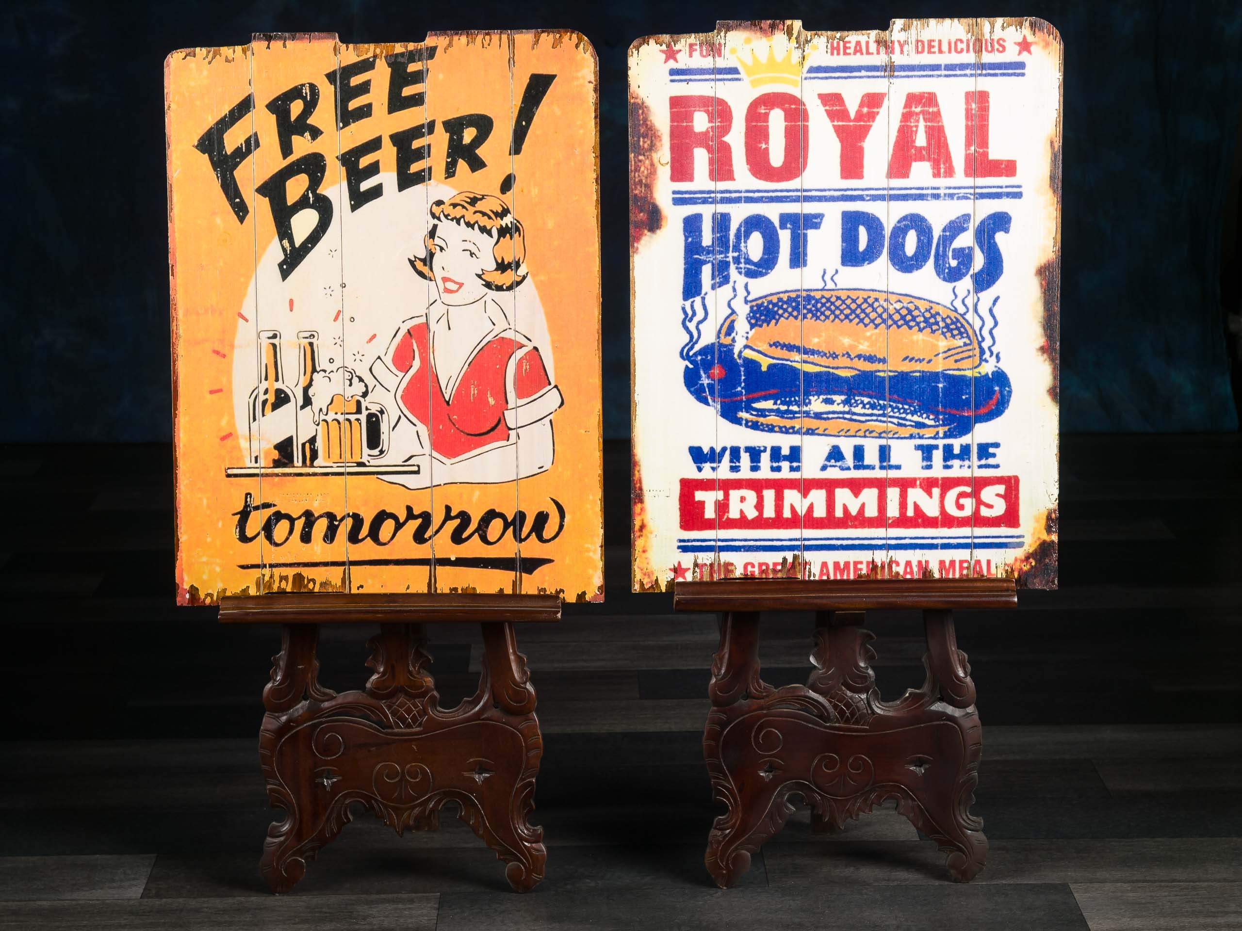 2x Bild Wandtafel Tafel Bier Holzbild Wandbild Hot Dog beer Restaurant Küche Bar